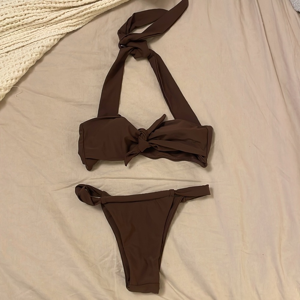 Brown Halter Bikini Top & Thong Bottoms